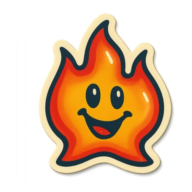 retro sticker style flame with a star-shaped outline, bold contours, juicy colors, shiny highlights, playful and energetic fire sticker