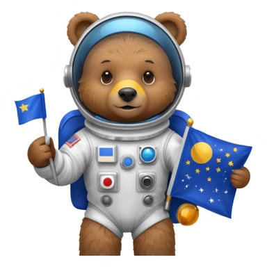 Brown bear in space suit, holding blue rectangle flag sticker