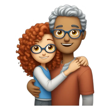 a girl with red curly hair and blue glasses hugging a boy with gray hair sticker