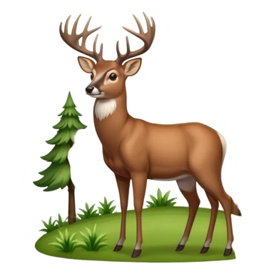 Whitetail buck standing on a hillside with trees and brush in the background. sticker