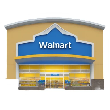 “Exterior of a Walmart store with the sunburst logo above the entrance, blue facade with yellow accents, large sliding glass doors, and shopping carts lined up outside, capturing the look of a busy retail supercenter.” sticker