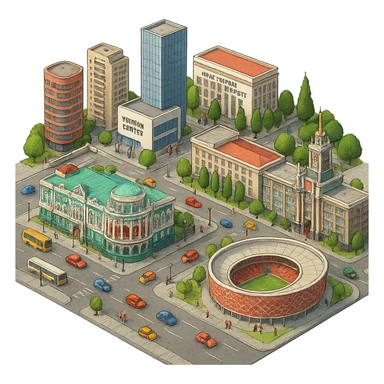 Изометричная миниатюрная фотореалистичная 3D модель Екатеринбурга - Дом Севастьянова, Ельцин-центр, Уральский федеральный университет, дома, Екатеринбург Арена, Медный дом, Здание Свердловского городского совета народных депутатов четкая детализация, яркие цвета, мультяшный реализм, люди, автотранспорт, компактная композиция, вид сверху в изометрии, прозрачный фон sticker