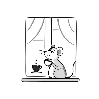 Hand-drawn mouse sitting by the window with a teacup sticker
