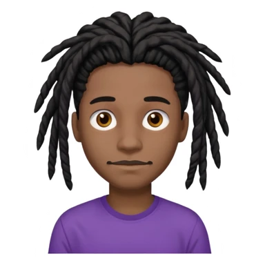 black teen with black dreads in a middle part with brown eyes and a small mustache and purple shirt sticker