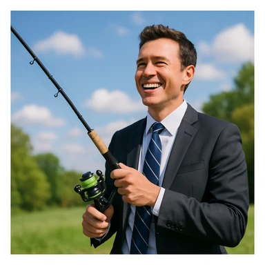 businessman fishing, professional attire, holding a fishing rod, outdoors, cheerful expression sticker
