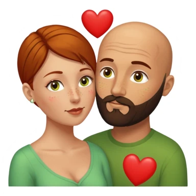 Couple. Bald man with dark brown-black beard. Woman with freckles, white skin and she has auburn-yellow-brown-hair. She has light yellow-green-brown eyes. He have hazel eyes. They look at each other. Many small red hearts around them. sticker