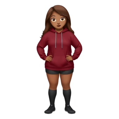 Curvy pretty brown girl with long brown hair, wearing a dark deep red sweatshirt with tall black socks sticker