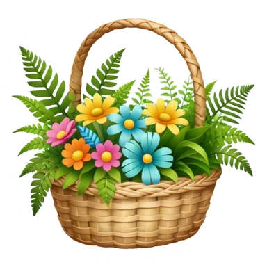 Icon for Floristry: a woven basket with flowers, reeds, ferns, bright ribbons and a small plush toy. The icon should represent creativity in flower arrangement and decorative design. Transparent background. sticker