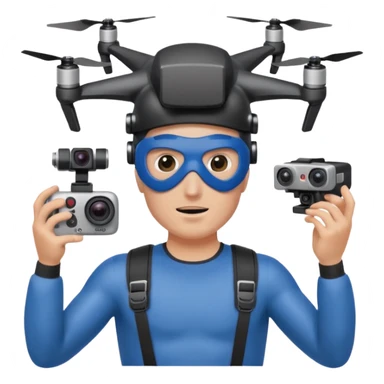 Super hero photographe, gopro sur la tête, masque fpv sur les yeux. Un drone à côté de lui. Il tiens un appareil photo reflex. sticker