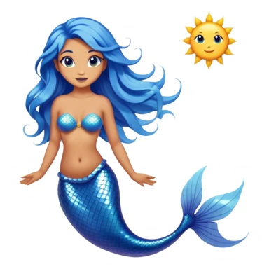 Cinematic Realistic Blue Hair Mermaid Portrait, depicted with lifelike, sun-kissed tanned skin that exudes a warm, radiant glow under gentle underwater lighting. Her intricately detailed, flowing blue hair cascades like a waterfall of ocean hues, framing deep, mesmerizing eyes that capture the vibrant spirit of the sea. Adorned with a shimmering tail and delicate tropical accents, the portrait features an enchanting underwater glow that blends realism with mythic coastal allure. sticker