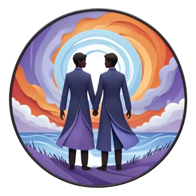 Center composition: Two silhouetted figures standing back-to-back or side-by-side in a circle of calm (soft blues, lavenders, white light)
Around them: Swirling storm energy—abstract shapes, wind lines, chaotic movement in reds, oranges, and dark grays sticker