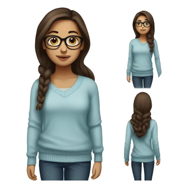 hispanic girl, long brown hair, brown eyes, full body, glasses, young, light blue winter sweater sticker