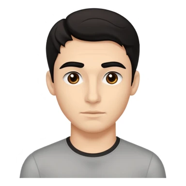 emoji a medio cuarpo, de un joven, con cejas gruesas, nariz medio grande, hombros anchos, sin sonrisa, hombros anchos, cabello medio ondulado con un corte juvenil, cabello negro. ojos negros. sticker