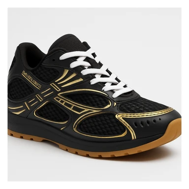 Recreate the Bottega Veneta Orbit sneaker in black with gold accents, exact design, shown in a 3D turned perspective (not flat 2D), similar to the reference image, realistic, clean background. The style should be realistic and 3D as in the reference images. sticker