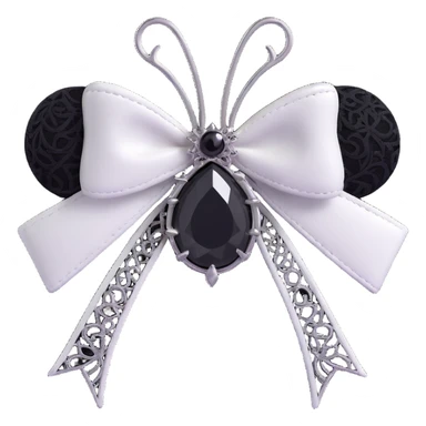 3D emoji gothic bow, white leather, silver spider brooch, black lace overlay, single black teardrop gem sticker