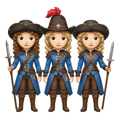 Three female musketeers ome with brown curly hair, one with blond one with blond in pony tail sticker