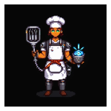 Portrait of a cyborg baker with a mechanical arm holding a whisk, glowing eyes, chrome apron, skeuomorphism style sticker