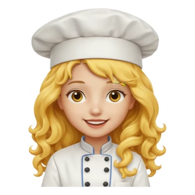 girl, yellow Long curly hair, happy, wearing chef uniform and chef hat sticker