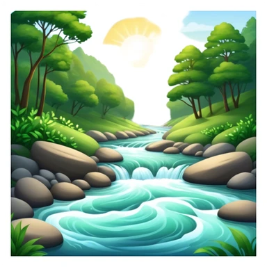 Cinematic Realistic River Emoji, Serene and flowing, with sparkling water meandering through lush greenery, surrounded by trees and rocks. The sun dances across the rippling surface, creating glimmering reflections while birds fly overhead. Soft glowing outline, capturing the essence of peacefulness and tranquility in a meandering river. sticker