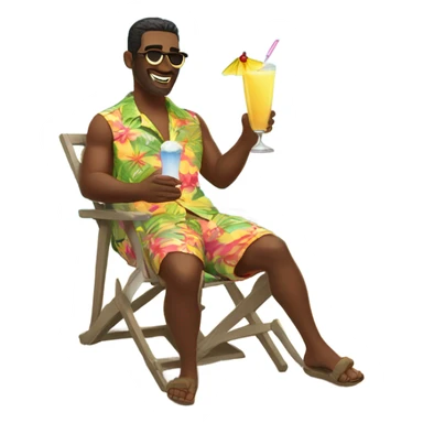 Man lounging by pool in Hawaiian shirt with pins colada sticker