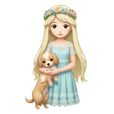 Pastel anime lady long hair with long lace dress full body holding puppy sticker