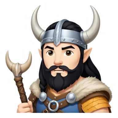 vikingo, con cuerno de vaca, pelo negro, en torre de Asgard. sticker