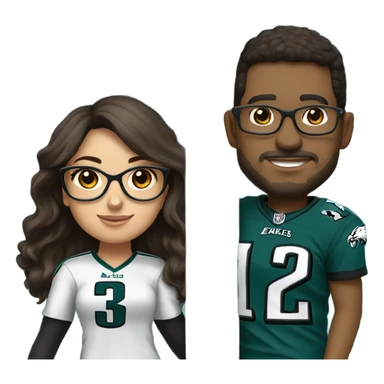 Dark brown hair female with glasses and male with light skin and light brown hair who are both eagles fan climbing up a pole sticker