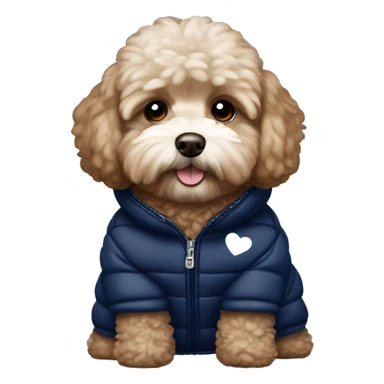 Brown Maltipoo wearing navy blue puffer jacket with little white hearts sticker
