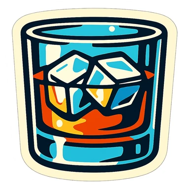 whiskey glass with two large ice cubes, retro stickers style, sharp black outlines, expressive shadows and highlights, no gradients, only sharp color transitions, side view sticker