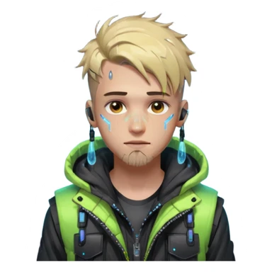 Cyberpunk street young adult, male, messy undercut, puffer vest over hoodie, glowing earpiece, light stubble, brown eyes, neon reflections, raindrops, dark background. sticker