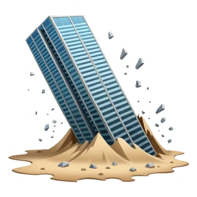 A skyscraper collapsing on quicksand, with floors breaking apart and falling out of the structure, glass and steel debris falling, realistic lighting, cinematic atmosphere, dramatic destruction, ultra detailed sticker