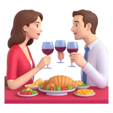 3D emoji style, one man and one woman facing each other holding wine glasses, a table with food in front of them, bright and joyful atmosphere, no background sticker