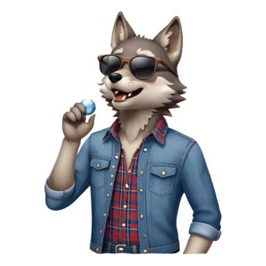 friendly anthropomorphised wolf in jeans and plaid shirt, wearing dark sunglasses, howling with the moon in the background, upright pose sticker
