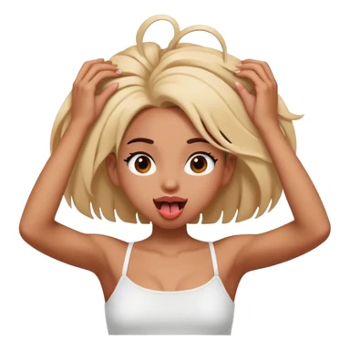 Mixed girl in white spaghetti strap top with tongue out and holding her hair with her hands  sticker