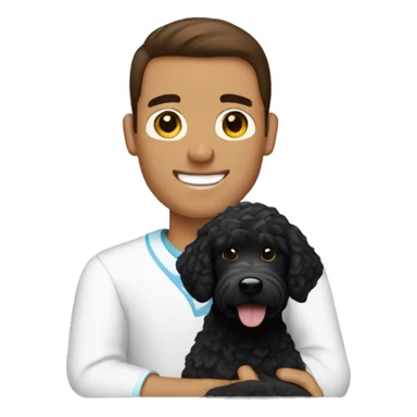 clean-shaven straight-haired brunette man holding black labradoodle sticker