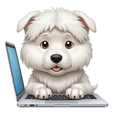 A busy white dog typing on a laptop looking stressed and overwhelmed sticker