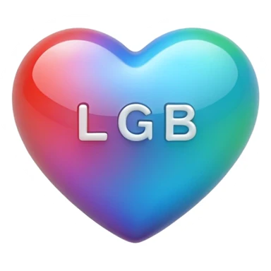 A photograph of a high-quality 3D heart-shaped emoji with a polished, glossy finish.The texture is smooth and candy-like, with a glass-like sheen that gives it a modern, high-end aesthetic. Add text as "LGB" in centre of heart sticker