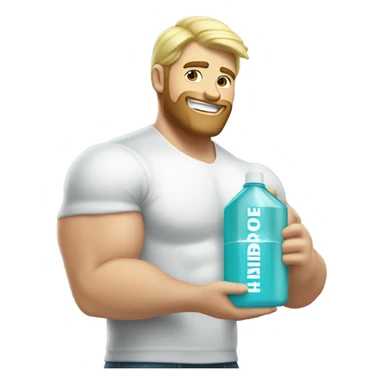 Buff man with blonde short hair and a medium length blonde beard riding on top of a giant bottle of listerine sticker