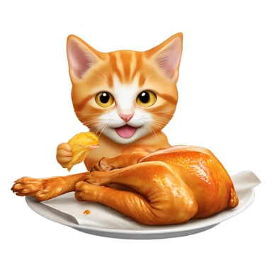 Orange kitten eating rotisserie chicken ￼ sticker