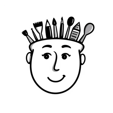 Art tools and brushes forming the shape of a human face, representing artistic identity sticker
