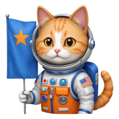 a cat in space suit, holding blue rectangle flag sticker