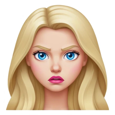 Cinematic realistic beautiful blonde with long hair, blue eyes and pink lips gets angry sticker