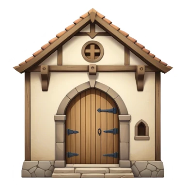 A square-shaped, single-story medieval building. It has one door. It looks old. sticker