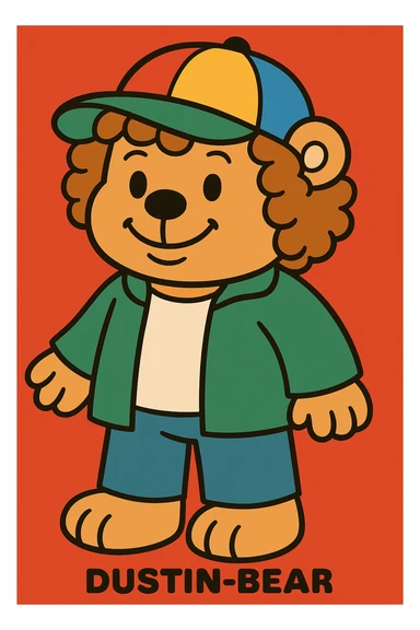 Dustin-bear wearing a white t-shirt, green jacket, colorful cap, curly hair, friendly smile, in Bobbie Goods style. sticker