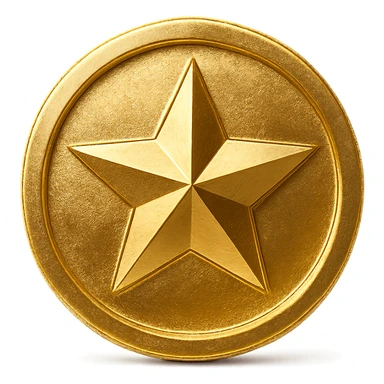 a gold coin with a star, embossed sticker