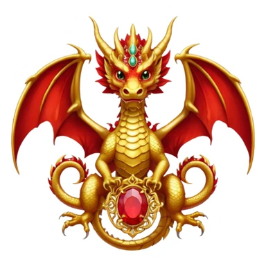Golden Dragon with wings crest/brosch in a circle with red gems sticker