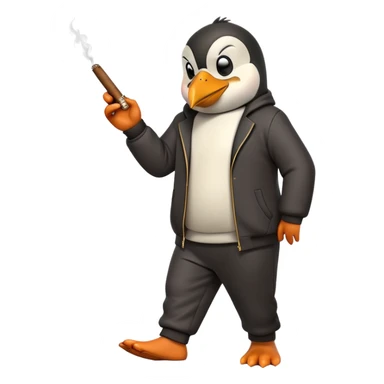 friendly anthropomorphised penguin wearing a mafia-style tracksuit, holding a cigar, secretive scheming pose, angry expression, stomping while walking sticker