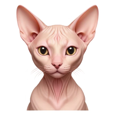 Cinematic Noble Sphynx Cat Portrait Emoji, Poised and regal, with smooth, hairless skin in warm peach and soft pink tones, striking large ears and intense almond-shaped eyes, Simplified yet sharp and sophisticated features, highly detailed, glowing with a soft, dignified glow, high shine, intelligent and graceful, stylized with an air of elegance, focused and attentive, soft glowing outline, capturing the essence of a watchful and refined feline, so majestic it feels as though it could glide across the screen with effortless confidence! sticker