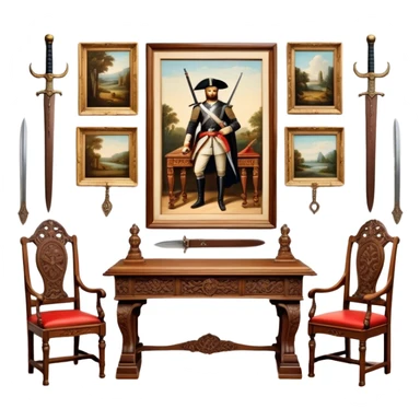 Icon for Antiques Collecting: vintage intricately carved furniture, famous paintings, antique swords, and rifles. The items are displayed on a wooden table or shelf. The icon should evoke the rich history and craftsmanship of antique collecting. Transparent background. sticker