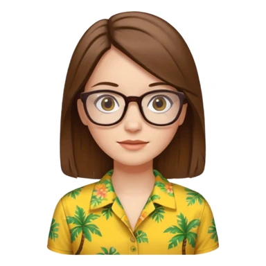 Hawaii female with white skin. Shoulder length straight brown hair. Brown eyes with glasses. Female wearing yellow Hawaiian print shirt. sticker